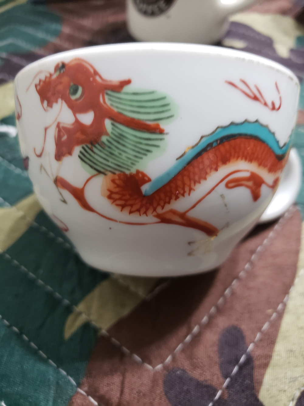 Vintage Chinese Porcelain Tea Cup / Small Bowl – Hand-Painted Red Dragon & Turqu